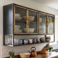 Industrial Black And Antique Gold Metal And Ribbed Glass Kitchen Storage Wall Cabinet 120cm