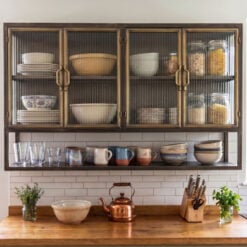 Industrial Black And Antique Gold Metal And Ribbed Glass Kitchen Storage Wall Cabinet 120cm