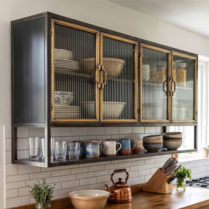 Industrial Black And Antique Gold Metal And Ribbed Glass Kitchen Storage Wall Cabinet 120cm Industrial Black And Antique Gold Metal And Ribbed Glass Kitchen Storage Wall Cabinet 120cm