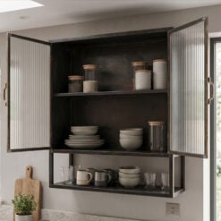 Industrial Black And Antique Gold Metal And Ribbed Glass Kitchen Storage Wall Cabinet 65cm