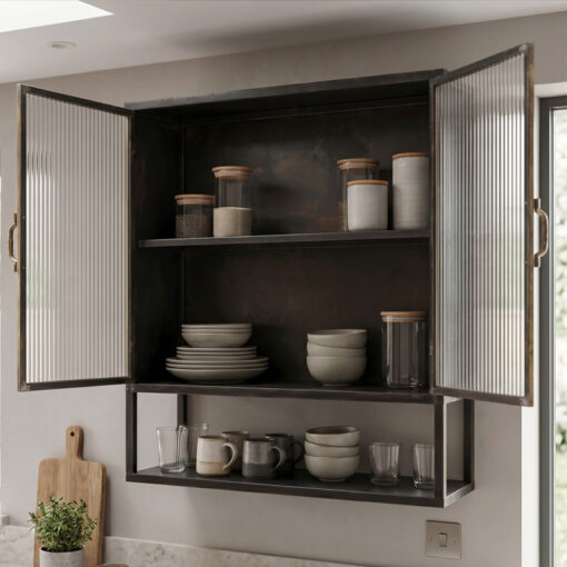 Industrial Black And Antique Gold Metal And Ribbed Glass Kitchen Storage Wall Cabinet 65cm