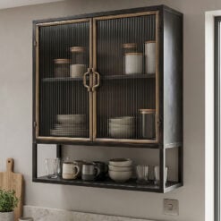 Industrial Black And Antique Gold Metal And Ribbed Glass Kitchen Storage Wall Cabinet 65cm
