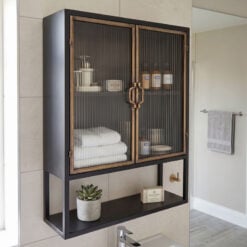 Industrial Black And Antique Gold Metal And Ribbed Glass Kitchen Storage Wall Cabinet 65cm