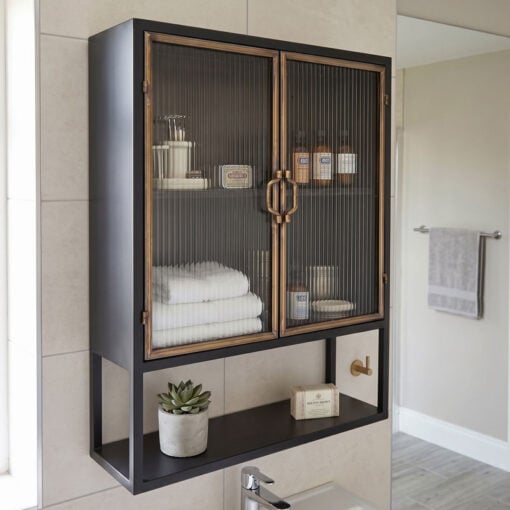 Industrial Black And Antique Gold Metal And Ribbed Glass Kitchen Storage Wall Cabinet 65cm