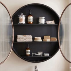 Industrial Black And Antique Gold Metal And Ribbed Glass Large Round Bathroom Kitchen Storage Wall Cabinet 98cm