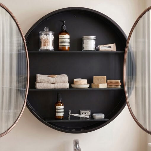 Industrial Black And Antique Gold Metal And Ribbed Glass Large Round Bathroom Kitchen Storage Wall Cabinet 98cm Industrial Black And Antique Gold Metal And Ribbed Glass Large Round Bathroom Kitchen Storage Wall Cabinet 98cm