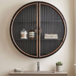 Industrial Black And Antique Gold Metal And Ribbed Glass Large Round Bathroom Kitchen Storage Wall Cabinet 98cm