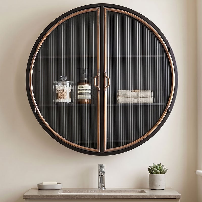 Industrial Black And Antique Gold Metal And Ribbed Glass Large Round Bathroom Kitchen Storage Wall Cabinet 98cm Industrial Black And Antique Gold Metal And Ribbed Glass Large Round Bathroom Kitchen Storage Wall Cabinet 98cm