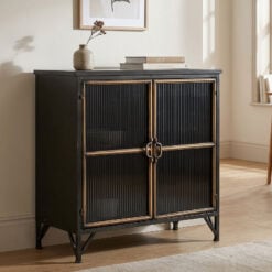 Industrial Black And Antique Gold Metal Ribbed Glass 2 Door Sideboard Cabinet 80cm