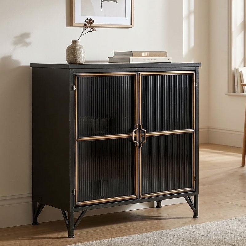 Industrial Black And Antique Gold Metal Ribbed Glass 2 Door Sideboard Cabinet 80cm Industrial Black And Antique Gold Metal Ribbed Glass 2 Door Sideboard Cabinet 80cm
