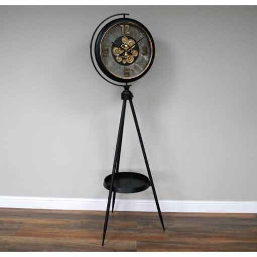 Industrial Gold Moving Gears Floor Clock With A Black Metal Tripod Base 192cm