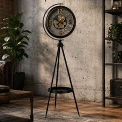 Industrial Gold Moving Gears Floor Clock With A Black Metal Tripod Base 192cm