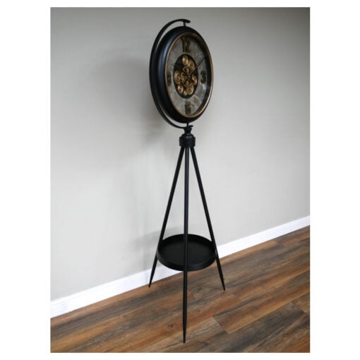 Industrial Gold Moving Gears Floor Clock With A Black Metal Tripod Base 192cm