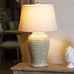 Large Ivory Cream Woven Ceramic Table Lamp With Cream Linen Shade 70cm