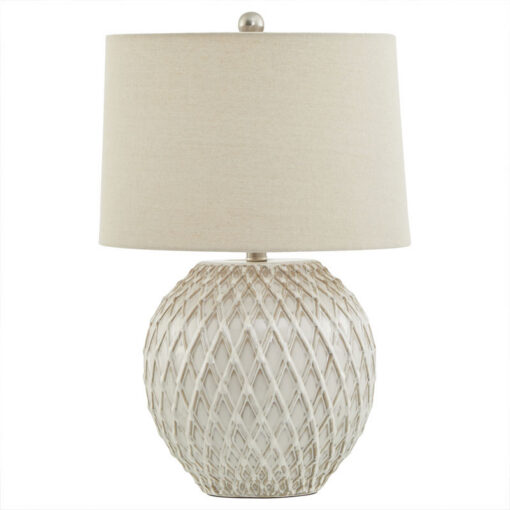 Lattice Style Cream White Ceramic Table Lamp With 15" Cream Linen Shade 58cm