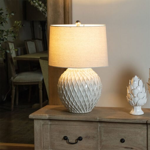Lattice Style Cream White Ceramic Table Lamp With 15" Cream Linen Shade 58cm