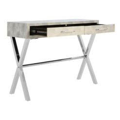 Light Grey Shagreen PU Faux Leather And Silver Chrome Metal 2 Drawer Console Table