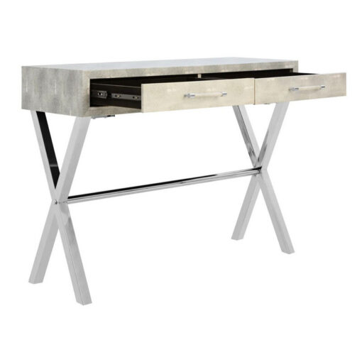 Light Grey Shagreen PU Faux Leather And Silver Chrome Metal 2 Drawer Console Table