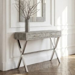 Light Grey Shagreen PU Faux Leather And Silver Chrome Metal 2 Drawer Console Table