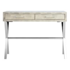 Light Grey Shagreen PU Faux Leather And Silver Chrome Metal 2 Drawer Console Table