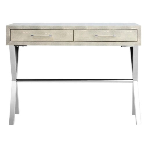 Light Grey Shagreen PU Faux Leather And Silver Chrome Metal 2 Drawer Console Table