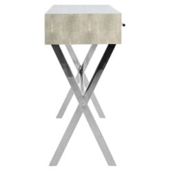 Light Grey Shagreen PU Faux Leather And Silver Chrome Metal 2 Drawer Console Table