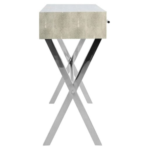 Light Grey Shagreen PU Faux Leather And Silver Chrome Metal 2 Drawer Console Table