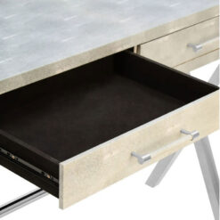 Light Grey Shagreen PU Faux Leather And Silver Chrome Metal 2 Drawer Console Table