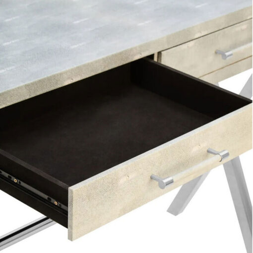 Light Grey Shagreen PU Faux Leather And Silver Chrome Metal 2 Drawer Console Table