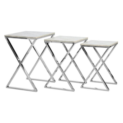 Light Grey Shagreen PU Faux Leather And Silver Chrome Metal Set Of 3 Nesting Side Tables Light Grey Shagreen PU Faux Leather And Silver Chrome Metal Set Of 3 Nesting Side Tables