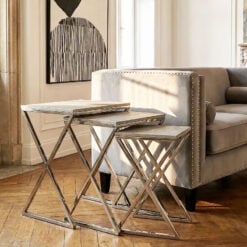 Light Grey Shagreen PU Faux Leather And Silver Chrome Metal Set Of 3 Nesting Side Tables