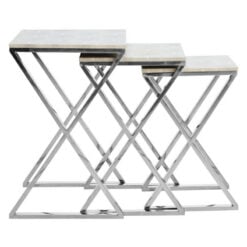 Light Grey Shagreen PU Faux Leather And Silver Chrome Metal Set Of 3 Nesting Side Tables