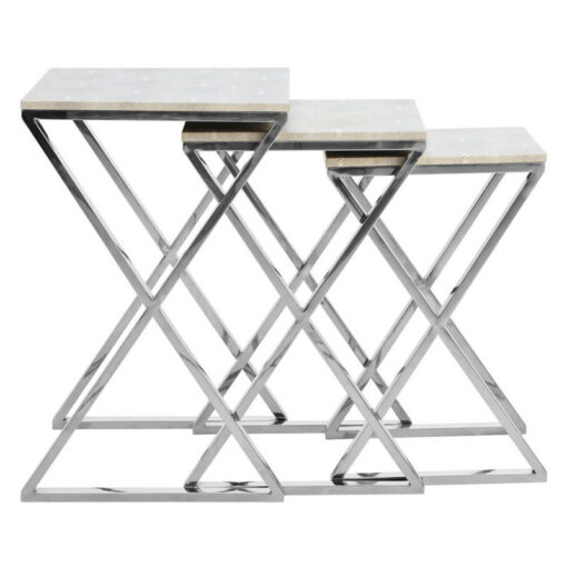 Light Grey Shagreen PU Faux Leather And Silver Chrome Metal Set Of 3 Nesting Side Tables Light Grey Shagreen PU Faux Leather And Silver Chrome Metal Set Of 3 Nesting Side Tables