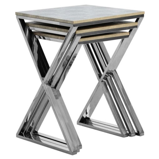 Light Grey Shagreen PU Faux Leather And Silver Chrome Metal Set Of 3 Nesting Side Tables Light Grey Shagreen PU Faux Leather And Silver Chrome Metal Set Of 3 Nesting Side Tables