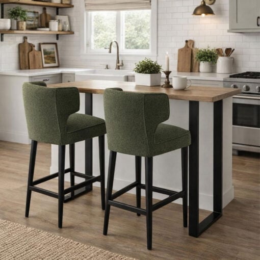 Moss Green Textured Fabric And Black Wood Wing Back Fixed Height Bar Stool