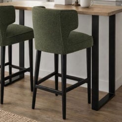 Moss Green Textured Fabric And Black Wood Wing Back Fixed Height Bar Stool