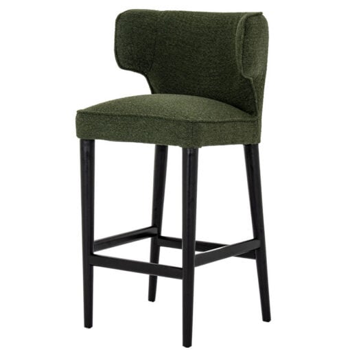 Moss Green Textured Fabric And Black Wood Wing Back Fixed Height Bar Stool