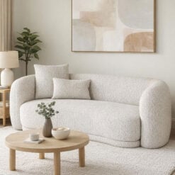 Natural White Upholstered Textured Fabric Curved 2 Seater Sofa With Cushions 197cm