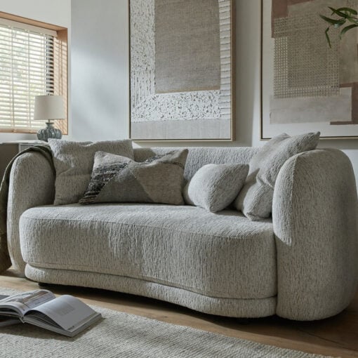 Natural White Upholstered Textured Fabric Curved 2 Seater Sofa With Cushions 197cm