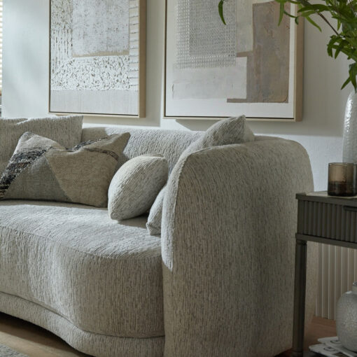 Natural White Upholstered Textured Fabric Curved 2 Seater Sofa With Cushions 197cm