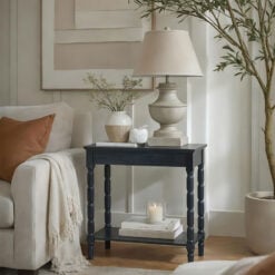Rustic Country Farmhouse 2 Tier Solid Black Wood Small Slim Console Table With Carved Legs 80cm