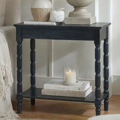 Rustic Country Farmhouse 2 Tier Solid Black Wood Small Slim Console Table With Carved Legs 80cm