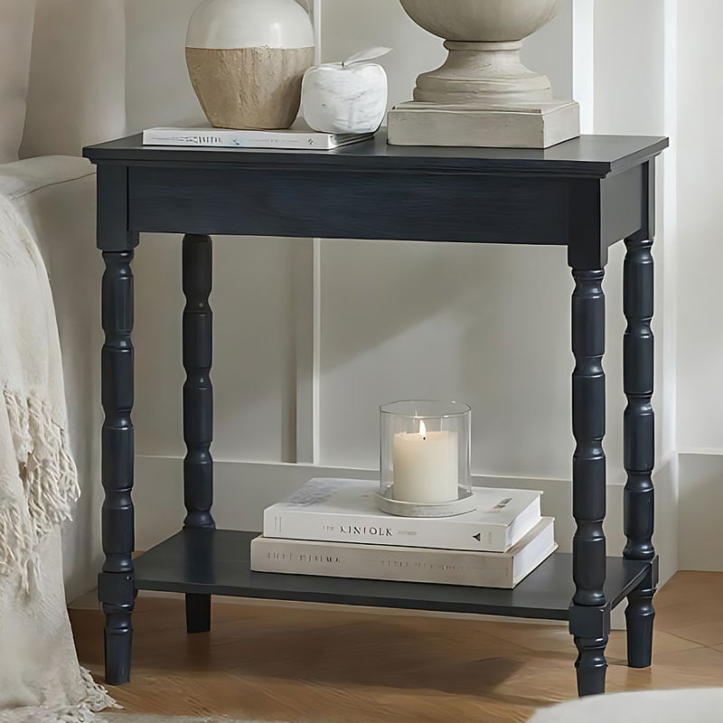 Rustic Country Farmhouse 2 Tier Solid Black Wood Small Slim Console Table With Carved Legs 80cm Rustic Country Farmhouse 2 Tier Solid Black Wood Small Slim Console Table With Carved Legs 80cm