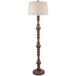 Rustic Country Farmhouse Floor Lamp With Carved Solid Wood Base And Natural Linen Shade 154cm