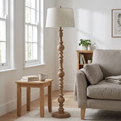 Rustic Country Farmhouse Floor Lamp With Carved Solid Wood Base And Natural Linen Shade 154cm