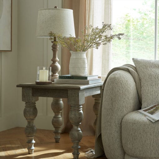 Rustic Country Farmhouse Table Lamp With Carved Solid Wood Base And Natural Linen Shade 70cm