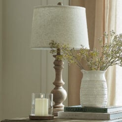 Rustic Country Farmhouse Table Lamp With Carved Solid Wood Base And Natural Linen Shade 70cm