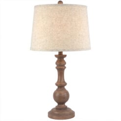 Rustic Country Farmhouse Table Lamp With Carved Solid Wood Base And Natural Linen Shade 70cm