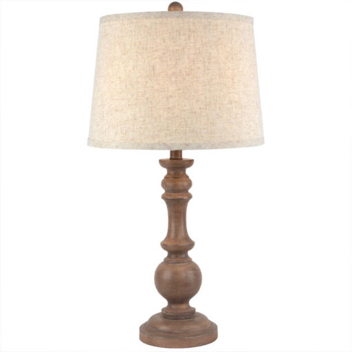 Rustic Country Farmhouse Table Lamp With Carved Solid Wood Base And Natural Linen Shade 70cm