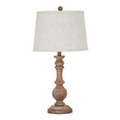 Rustic Country Farmhouse Table Lamp With Carved Solid Wood Base And Natural Linen Shade 70cm